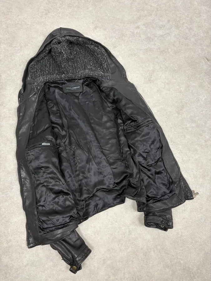 2010s Dolce & Gabbana Black Hooded Biker Leather Jacket mnVXLxS 6