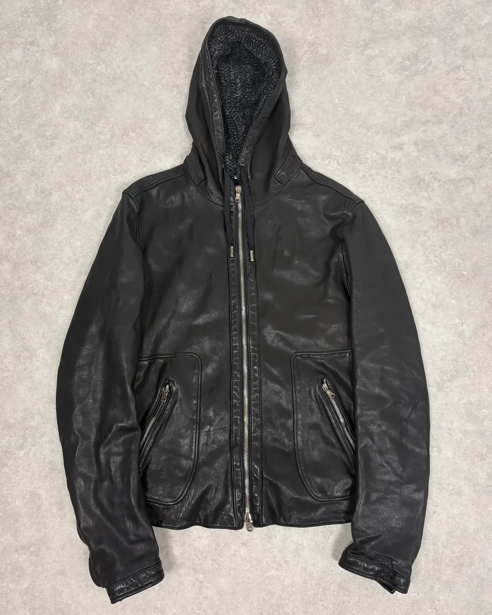 2010s Dolce & Gabbana Black Hooded Biker Leather Jacket mnVXLxS 0