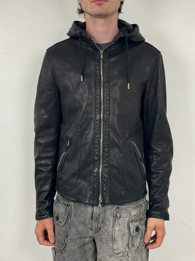 2010s Dolce & Gabbana Black Hooded Biker Leather Jacket mnVXLxS 1