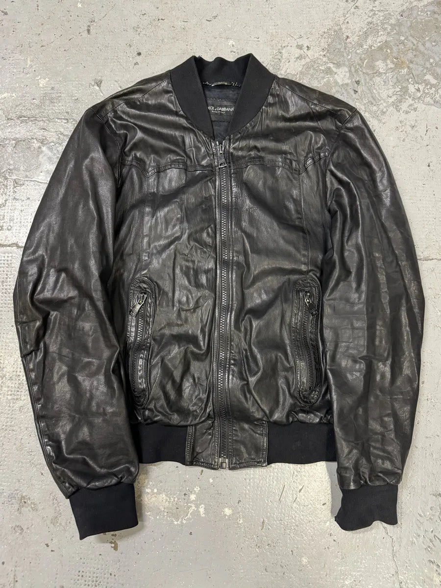 2000s Dolce & Gabbana Black Leather Bomber Jacket JyKdtZB 0