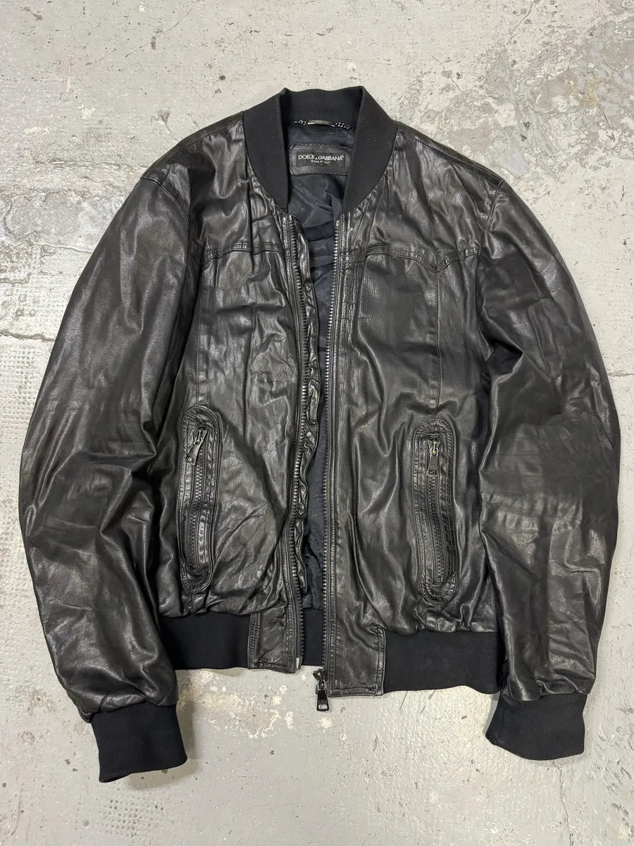 2000s Dolce & Gabbana Black Leather Bomber Jacket JyKdtZB 4