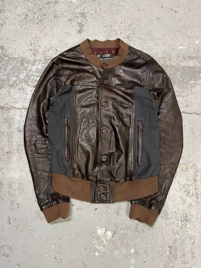 2010s Dolce & Gabbana Brown Leather Buttoned Bomber Jacket uTFQGJm 0