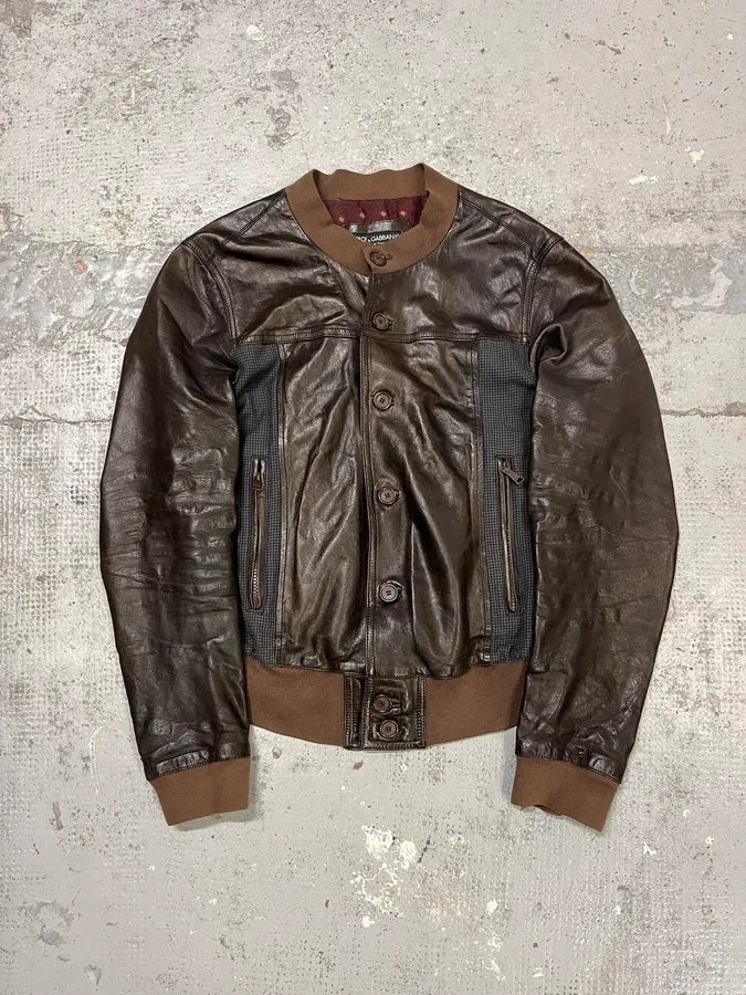 2010s Dolce & Gabbana Brown Leather Buttoned Bomber Jacket uTFQGJm 3