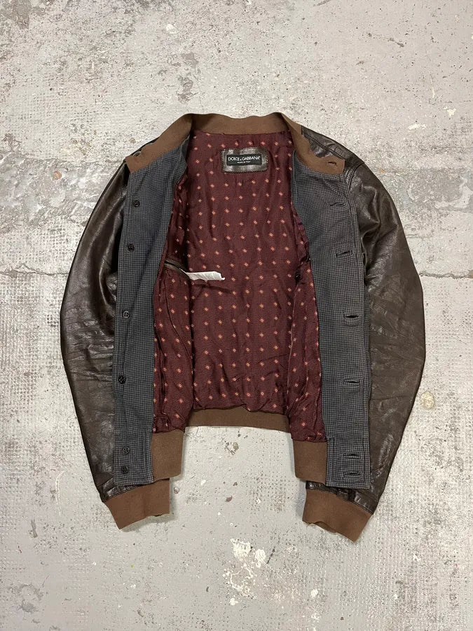 2010s Dolce & Gabbana Brown Leather Buttoned Bomber Jacket uTFQGJm 7