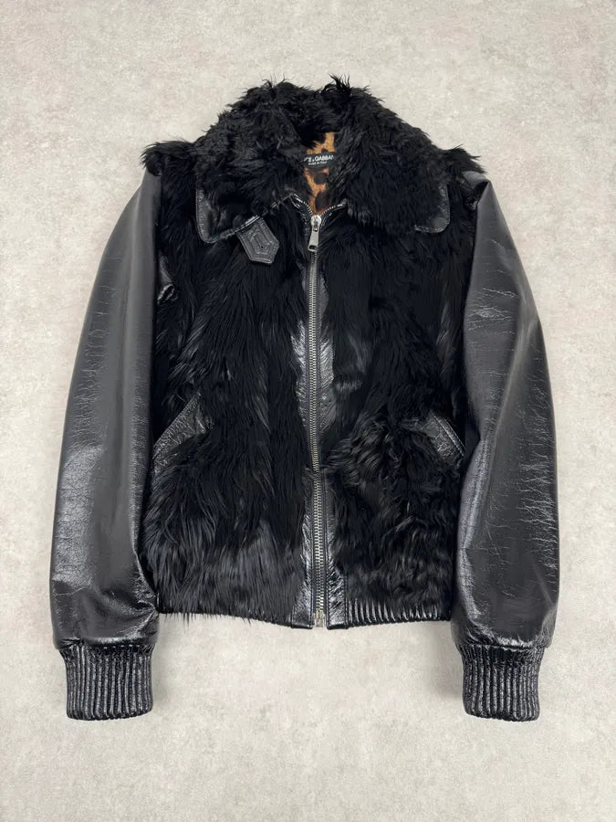 2000s Dolce & Gabbana Black Leather Fur Bomber Jacket ZFLGlkl 0