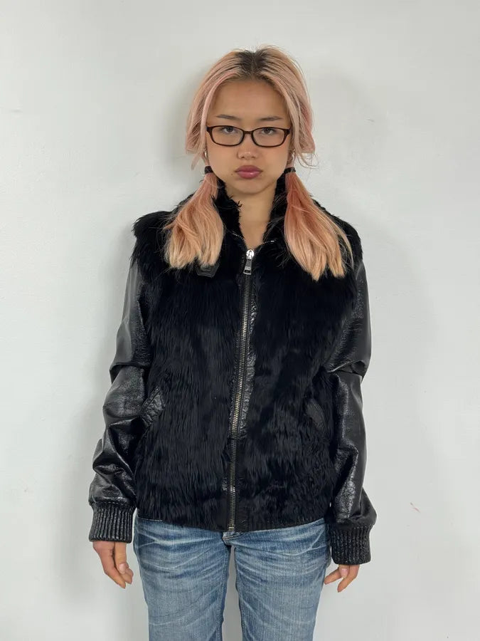 2000s Dolce & Gabbana Black Leather Fur Bomber Jacket ZFLGlkl 1