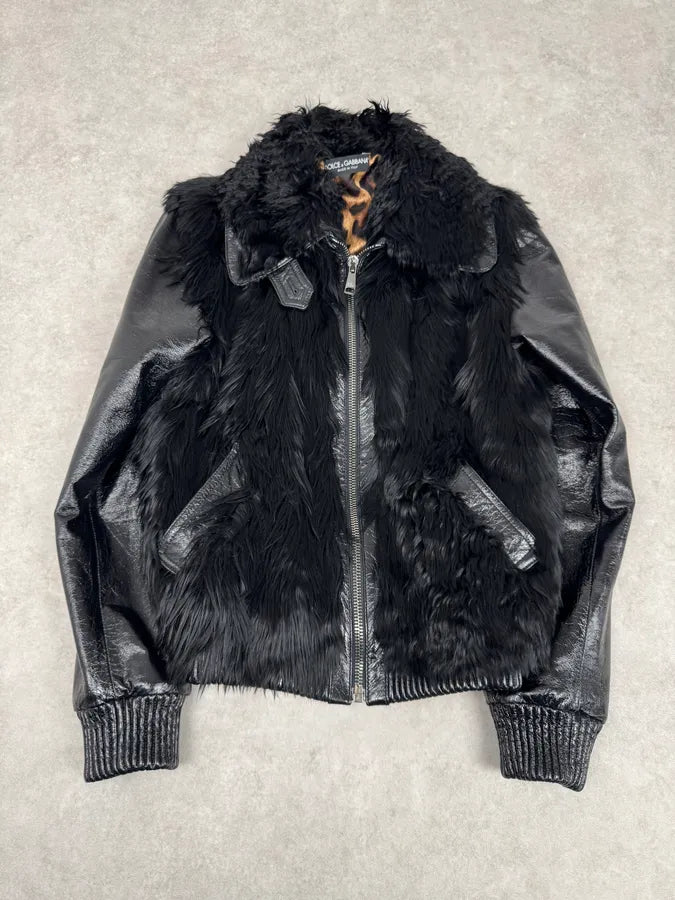 2000s Dolce & Gabbana Black Leather Fur Bomber Jacket ZFLGlkl 4