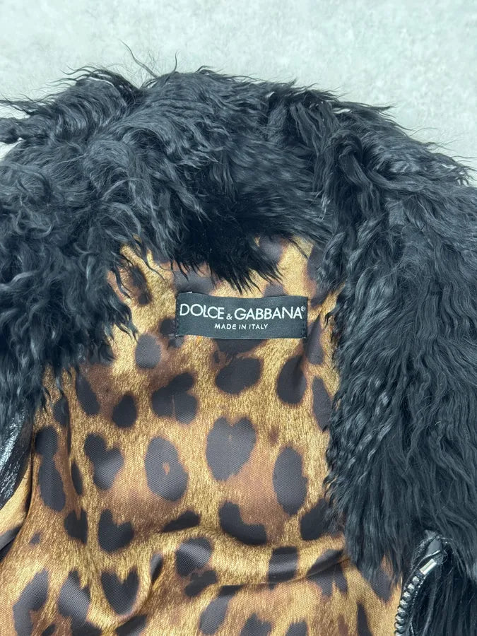 2000s Dolce & Gabbana Black Leather Fur Bomber Jacket ZFLGlkl 5