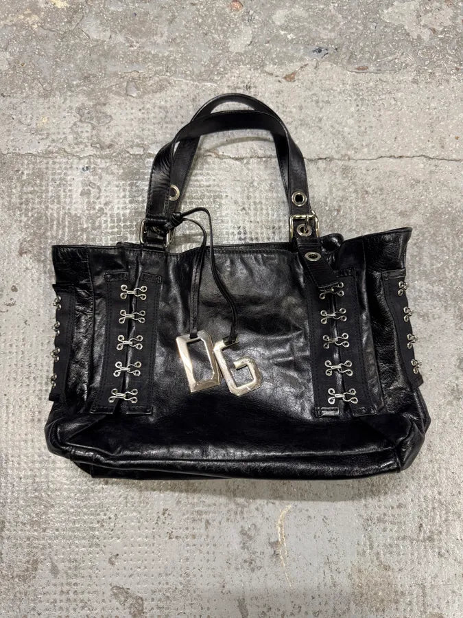 2000s Dolce & Gabbana Black Leather Metal Hook Handle Bag aloIkpM 0