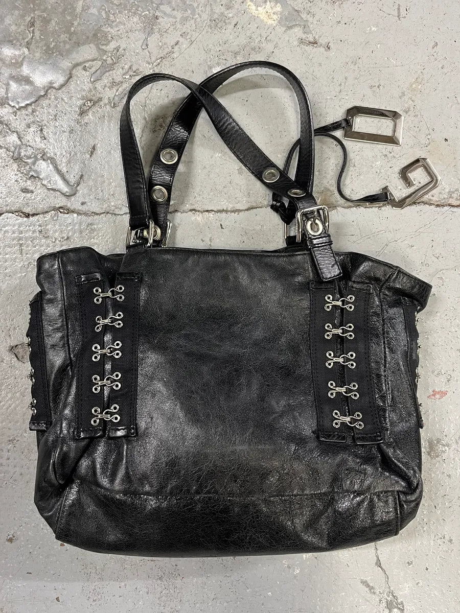 2000s Dolce & Gabbana Black Leather Metal Laced Handle Bag (OS) EqhTRqn 0