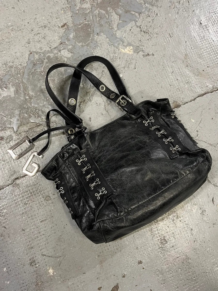 2000s Dolce & Gabbana Black Leather Metal Laced Handle Bag (OS) EqhTRqn 1