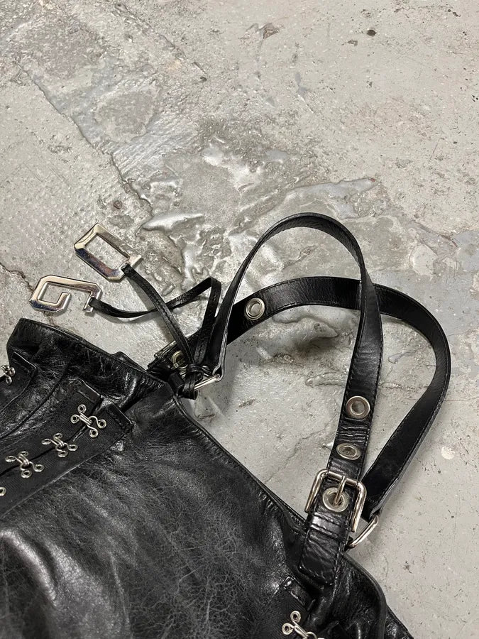 2000s Dolce & Gabbana Black Leather Metal Laced Handle Bag (OS) EqhTRqn 2