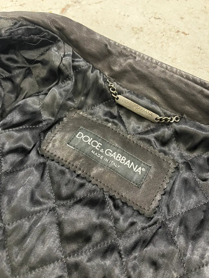 2000s Dolce & Gabbana Black Leather Minimalist Jacket tdZlgjy 8