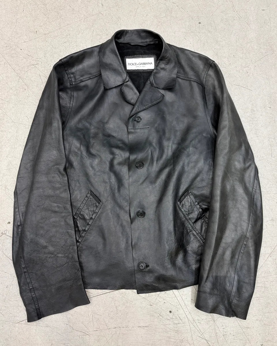 AW1999 Dolce & Gabbana Black Leather Raw Edge Blazer Jacket rnlfYmQ 0