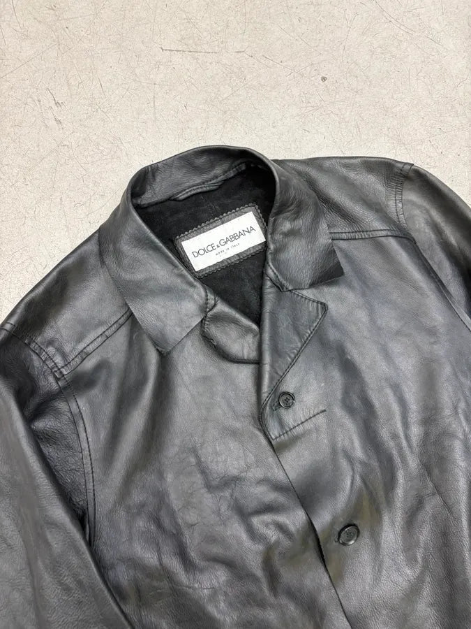 AW1999 Dolce & Gabbana Black Leather Raw Edge Blazer Jacket rnlfYmQ 4