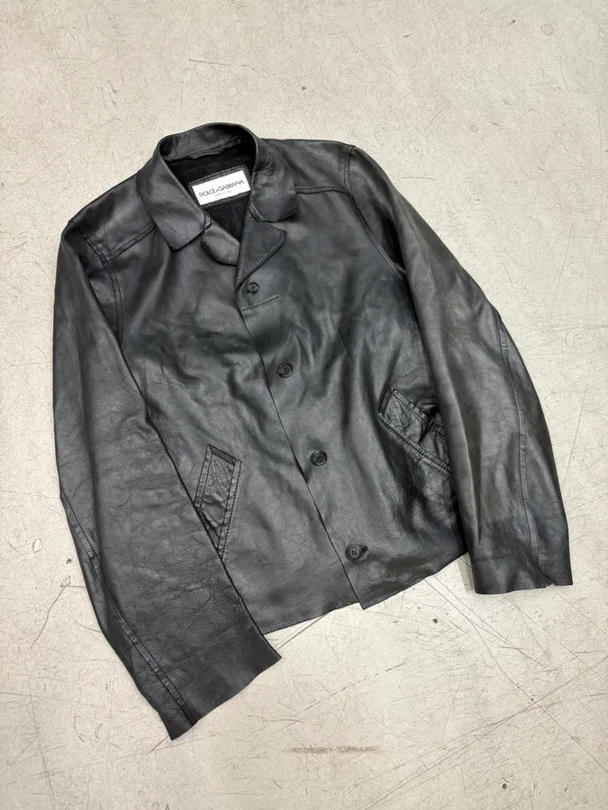 AW1999 Dolce & Gabbana Black Leather Raw Edge Blazer Jacket rnlfYmQ 3