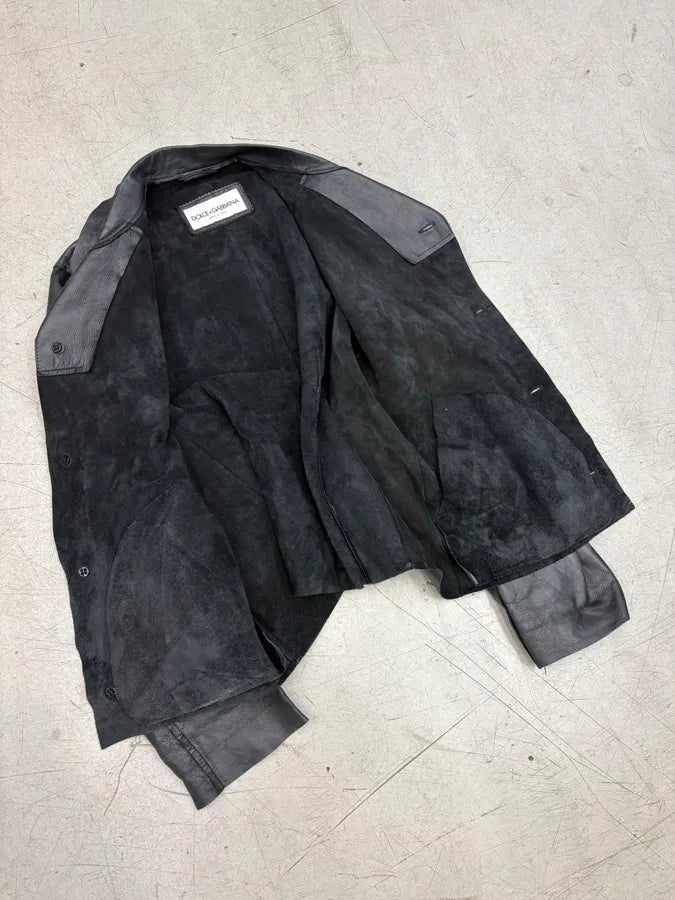 AW1999 Dolce & Gabbana Black Leather Raw Edge Blazer Jacket rnlfYmQ 6