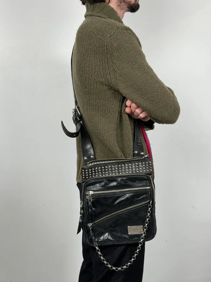 2000s Dolce & Gabbana Black Leather Rock Studded Shoulder Bag werXeGx 1