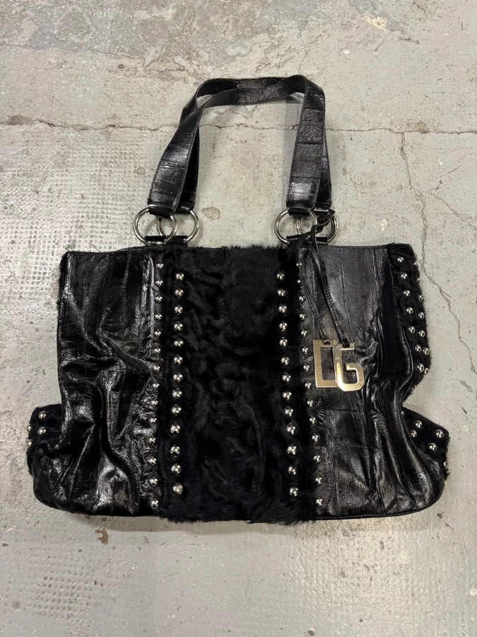 2000s Dolce & Gabbana Black Leather Studded Fur Handle Bag (OS) wMjRTje 0