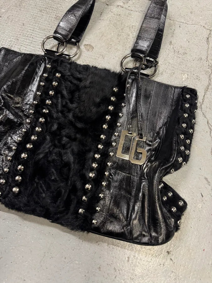 2000s Dolce & Gabbana Black Leather Studded Fur Handle Bag (OS) wMjRTje 1