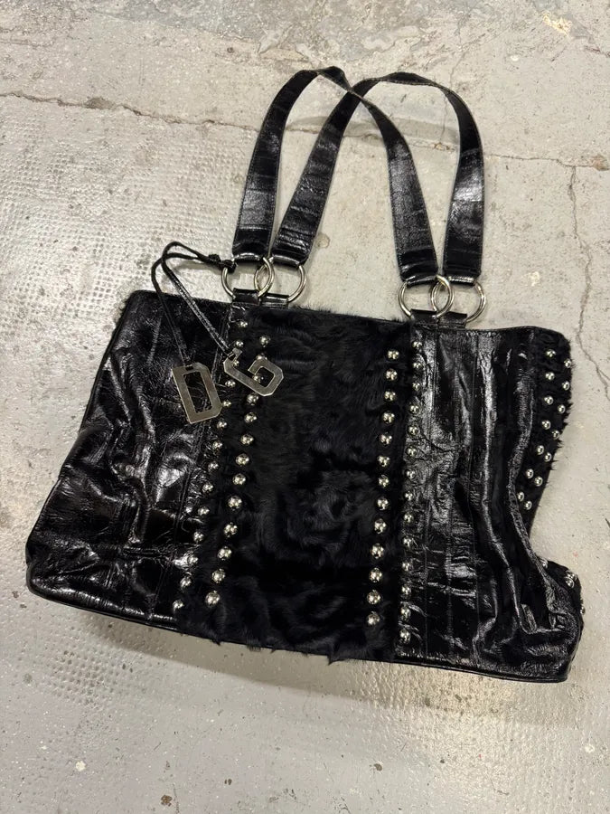 2000s Dolce & Gabbana Black Leather Studded Fur Handle Bag (OS) wMjRTje 2