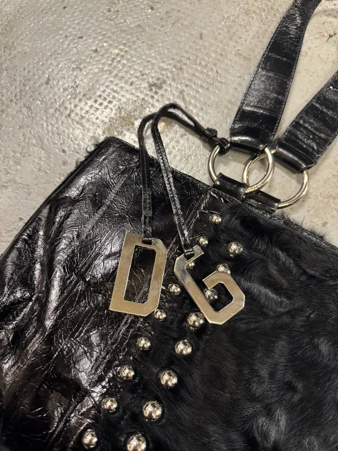 2000s Dolce & Gabbana Black Leather Studded Fur Handle Bag (OS) wMjRTje 3