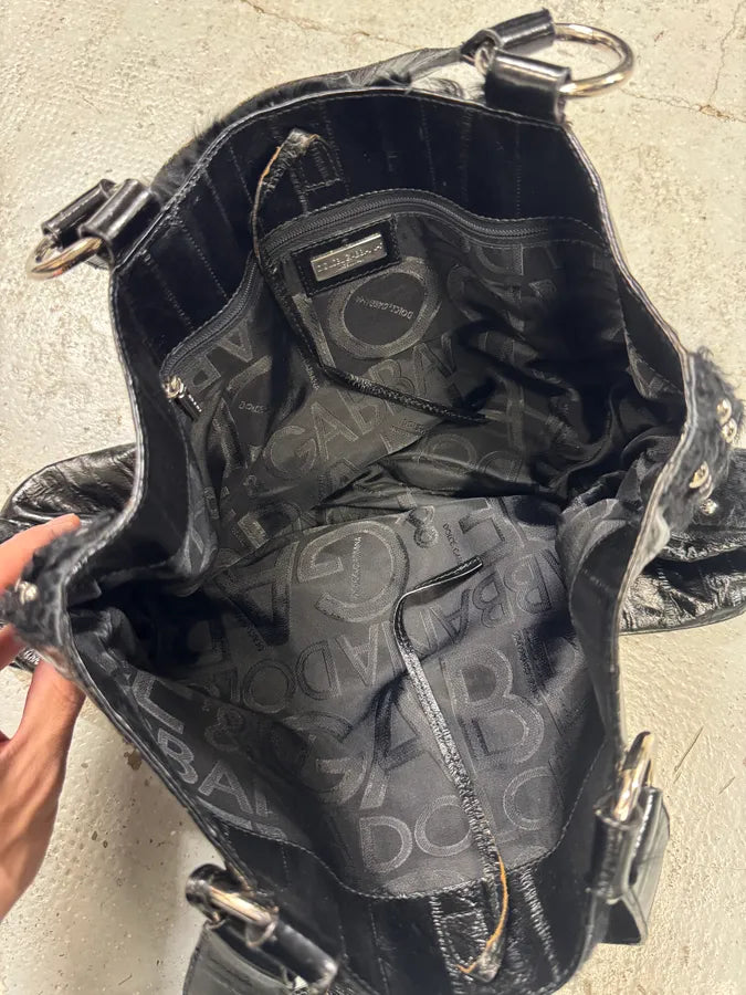 2000s Dolce & Gabbana Black Leather Studded Fur Handle Bag (OS) wMjRTje 5