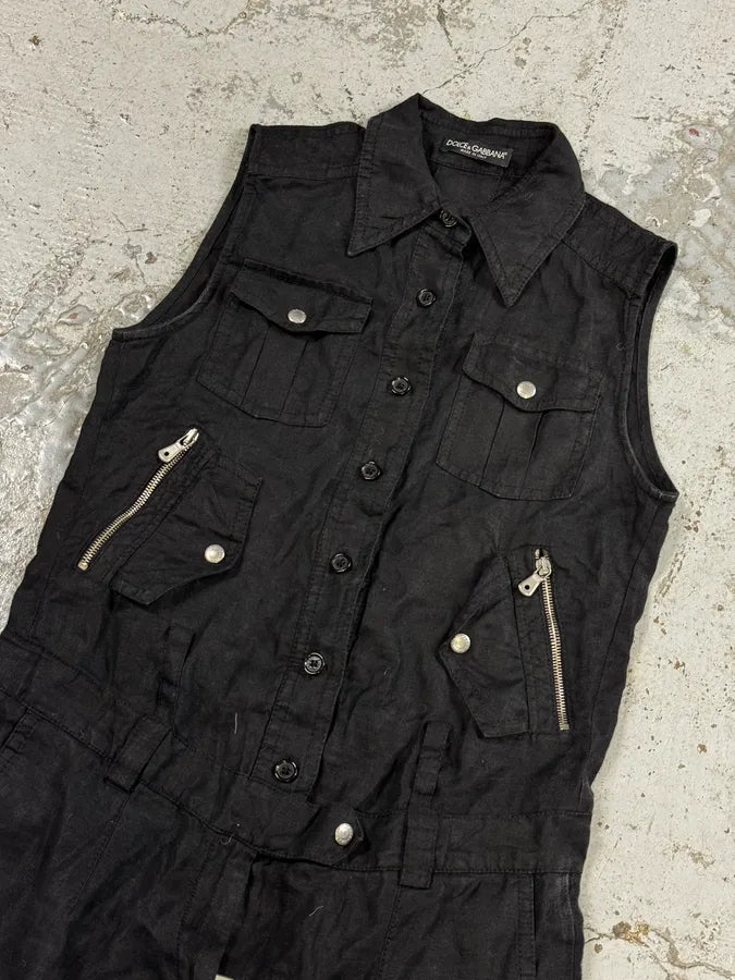 SS2003 Dolce & Gabbana Black Linen Millitary Combi Set cQWnKgN 6