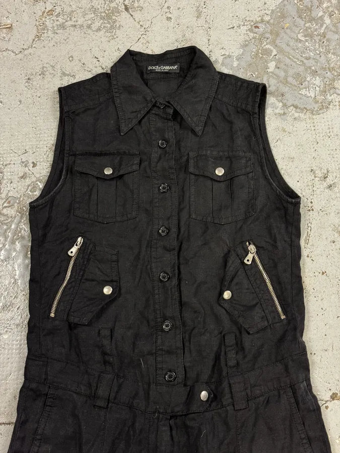 SS2003 Dolce & Gabbana Black Linen Millitary Combi Set cQWnKgN 4