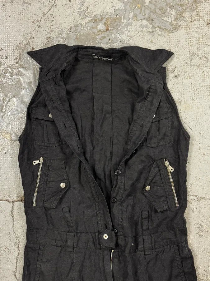 SS2003 Dolce & Gabbana Black Linen Millitary Combi Set cQWnKgN 8