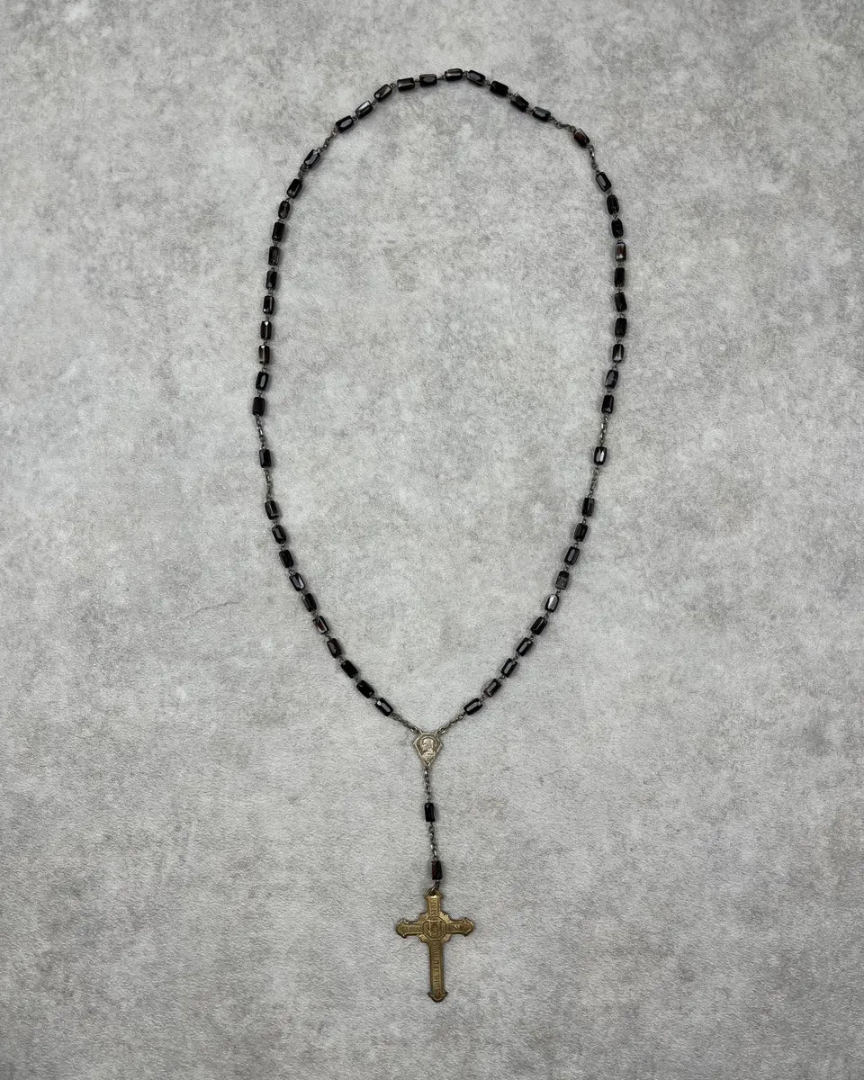 2000s Vintage Black Pearl Golden Rosary Cross Necklace IAGUvkf 0