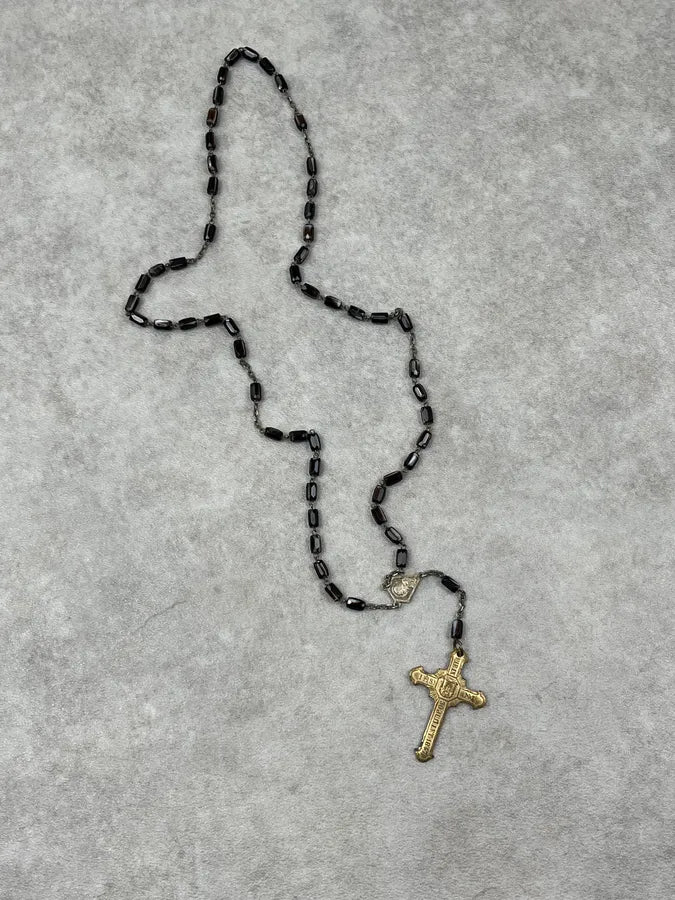 2000s Vintage Black Pearl Golden Rosary Cross Necklace IAGUvkf 3