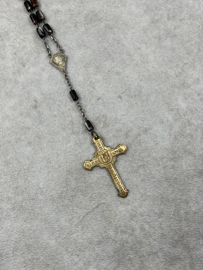 2000s Vintage Black Pearl Golden Rosary Cross Necklace IAGUvkf 5