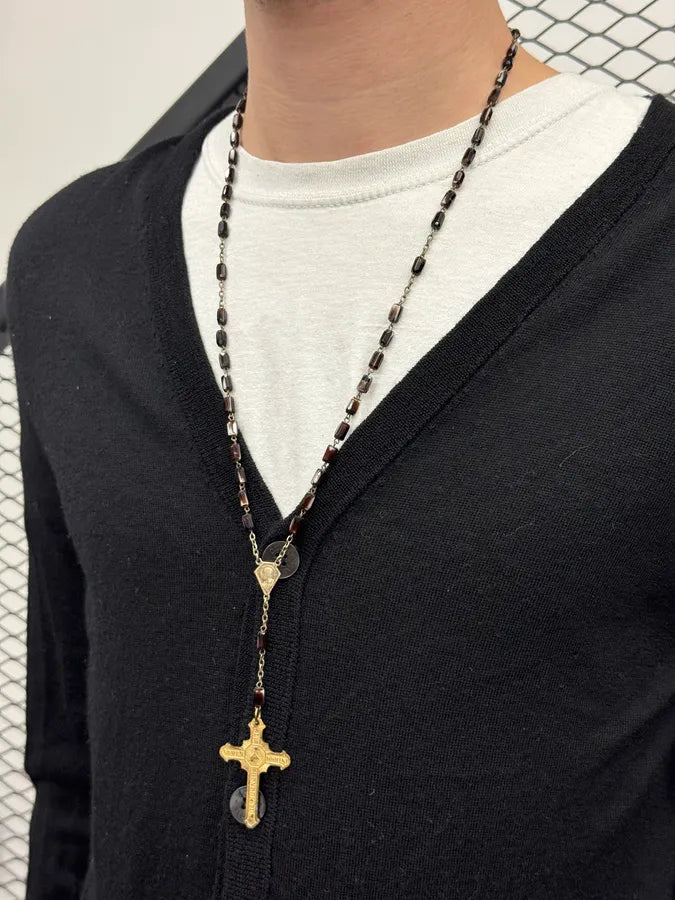 2000s Vintage Black Pearl Golden Rosary Cross Necklace IAGUvkf 2