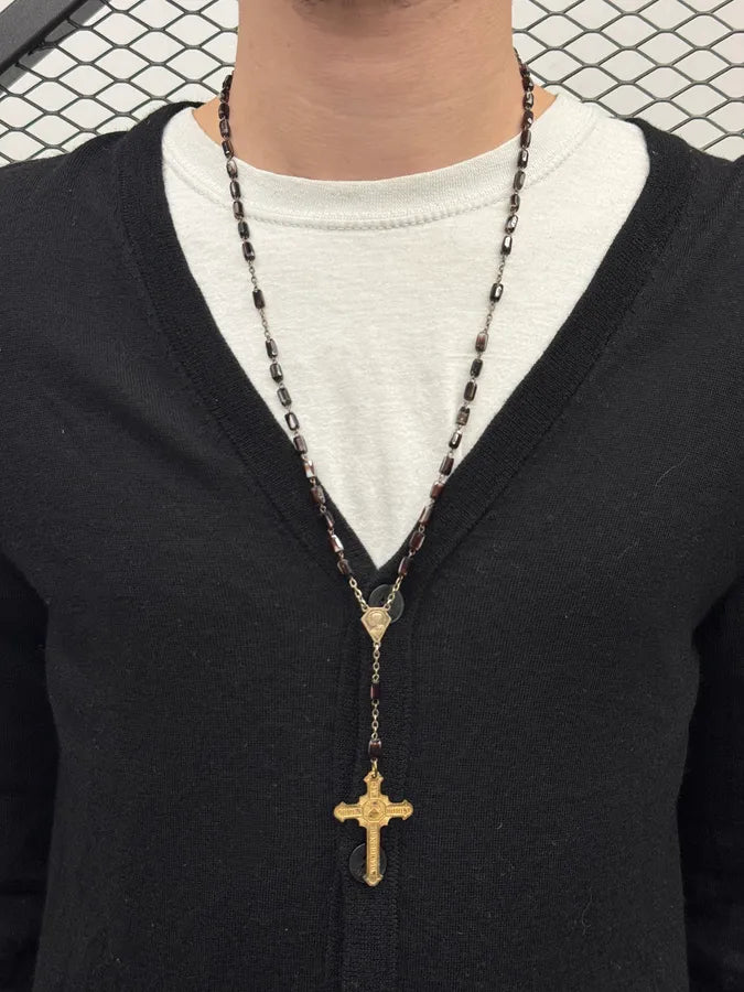 2000s Vintage Black Pearl Golden Rosary Cross Necklace IAGUvkf 1