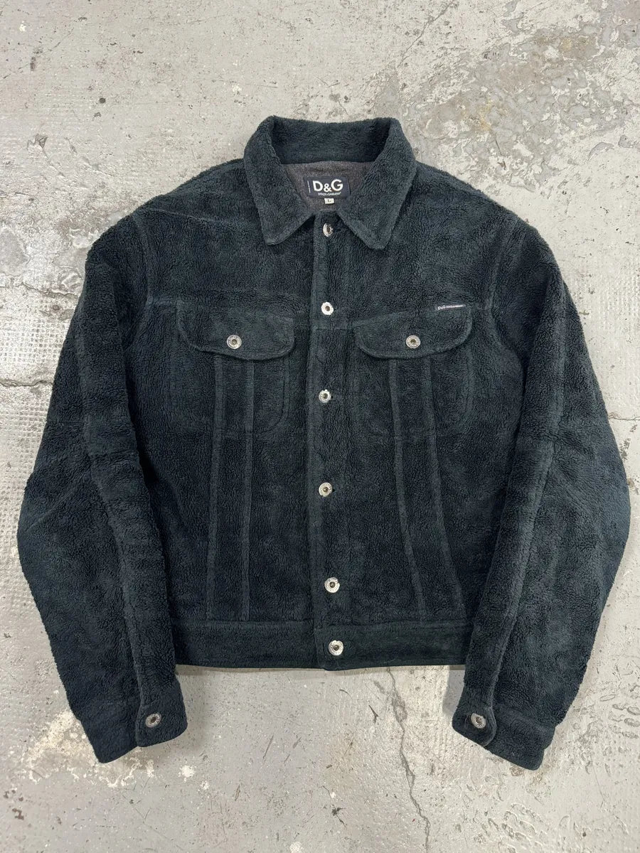 2000s Dolce & Gabbana Black Plush Fleece Trucker Jacket (M) mKXhRHN 0
