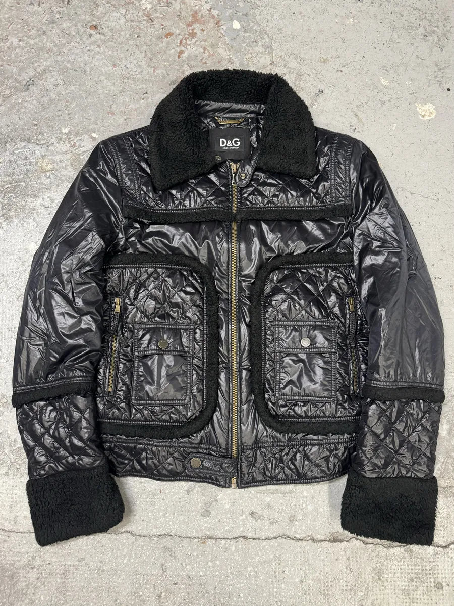 2000s Dolce & Gabbana Black Shearling Mafia Puffer Jacket (L) 0