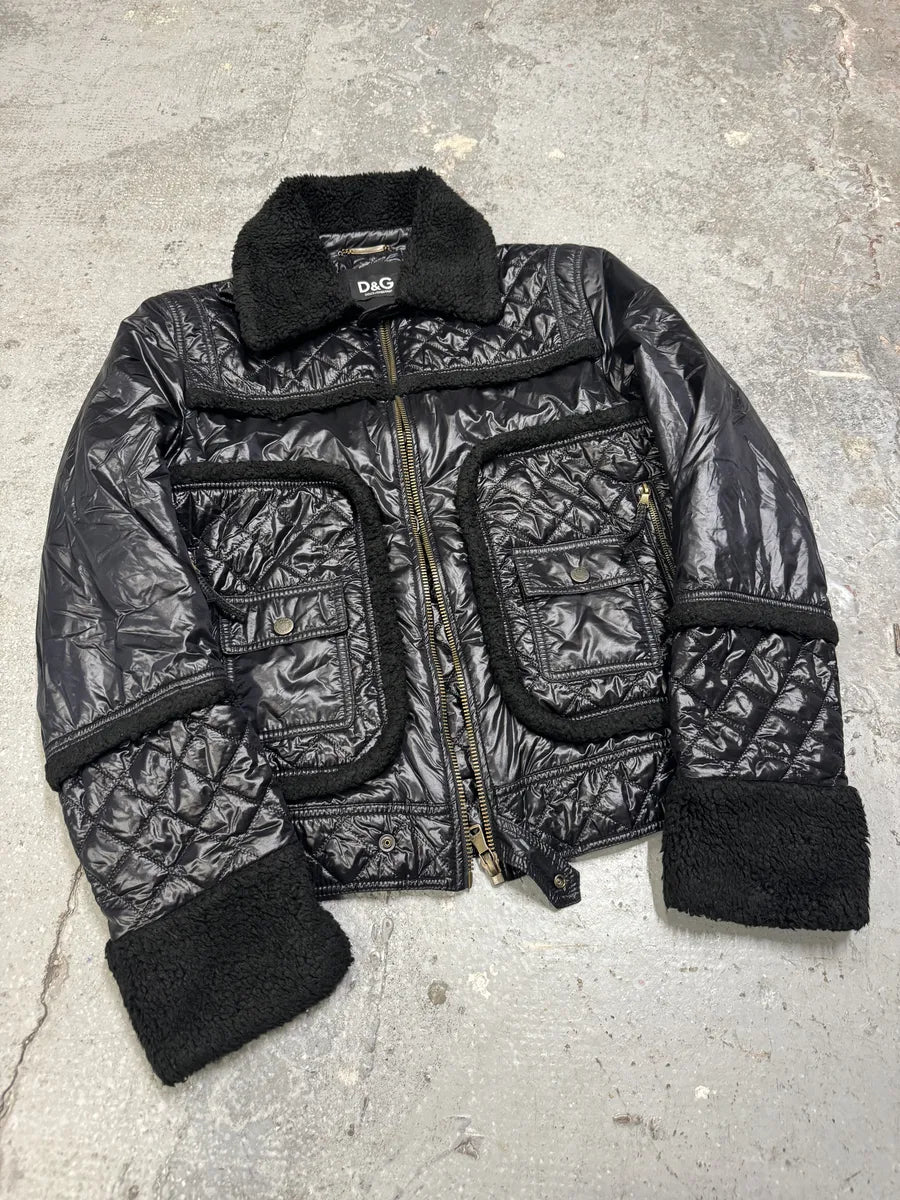 2000s Dolce & Gabbana Black Shearling Mafia Puffer Jacket (L) 4
