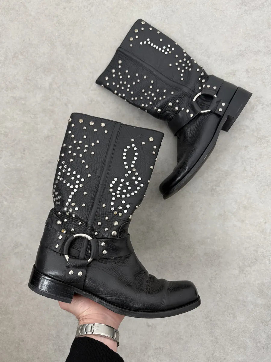 2000s Dolce & Gabbana Black Studded Ankle Leather Boots WRcQhtE 0