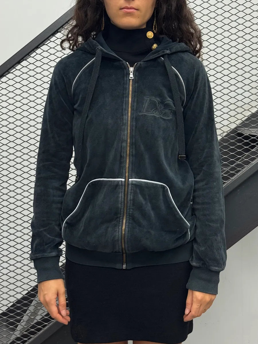 AW2007 Dolce & Gabbana Black Velvet Hooded Zip-up Sweater lPhKYYY 1