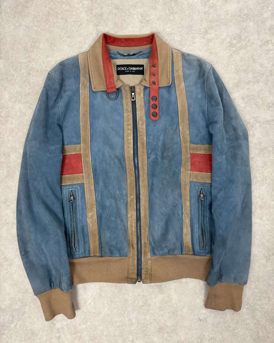 SS2007 Dolce & Gabbana Blue & Beige Suede Leather Jacket HfSKMmm 0