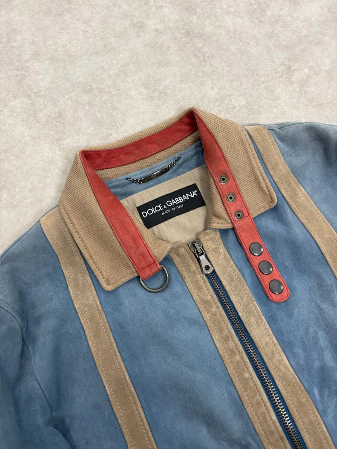 SS2007 Dolce & Gabbana Blue & Beige Suede Leather Jacket HfSKMmm 5