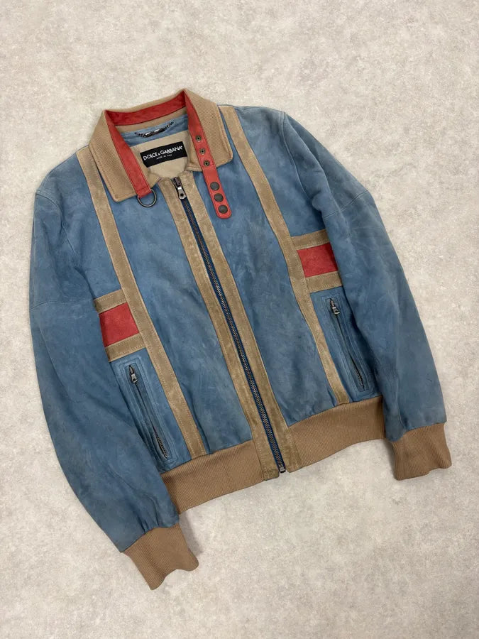 SS2007 Dolce & Gabbana Blue & Beige Suede Leather Jacket HfSKMmm 4