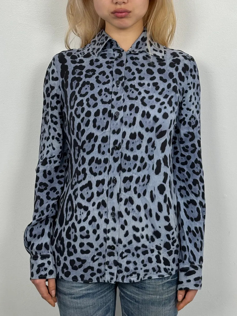 2000s Dolce & Gabbana Blue & Black Leopard Silk Shirt IOOSlta 0