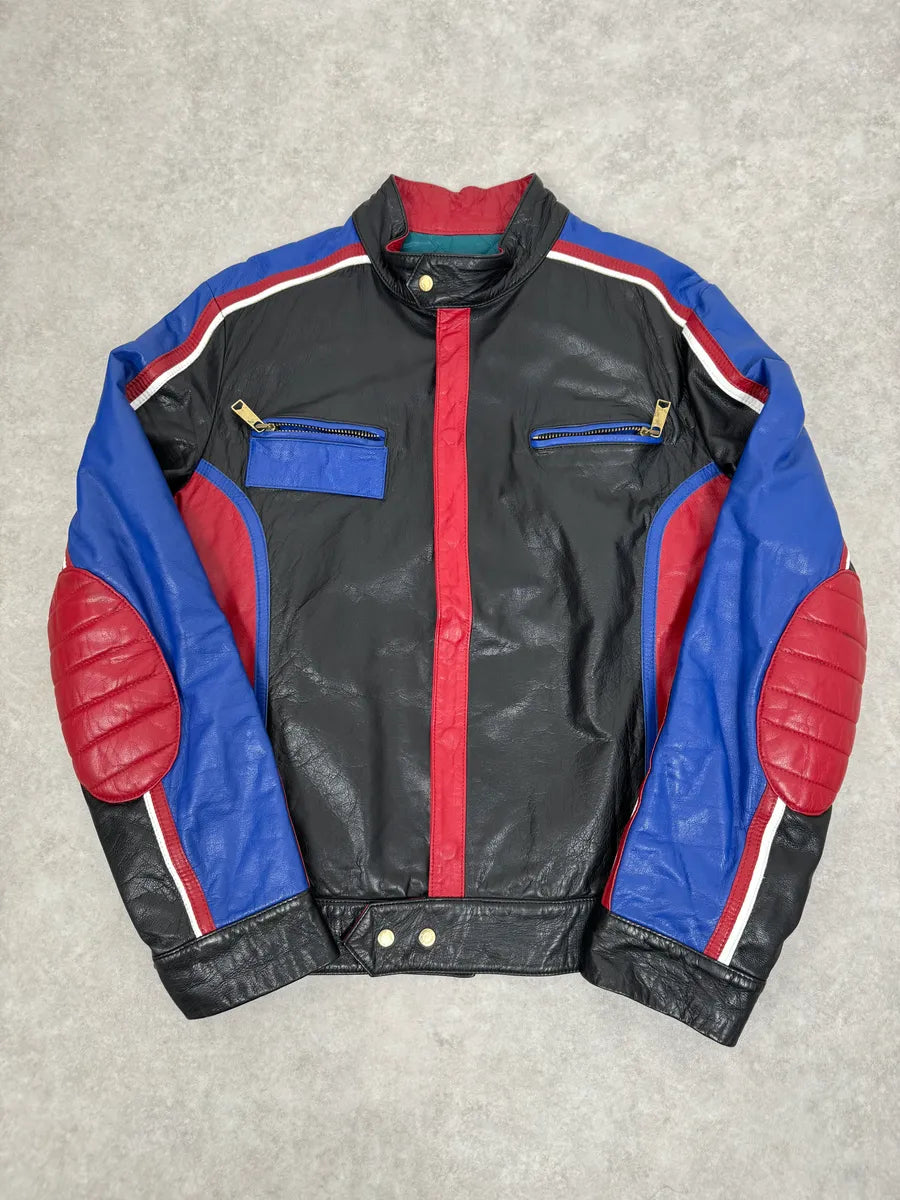 2000s Dolce & Gabbana Blue & Black Racing Biker Leather Jacket MmMNGFs 0