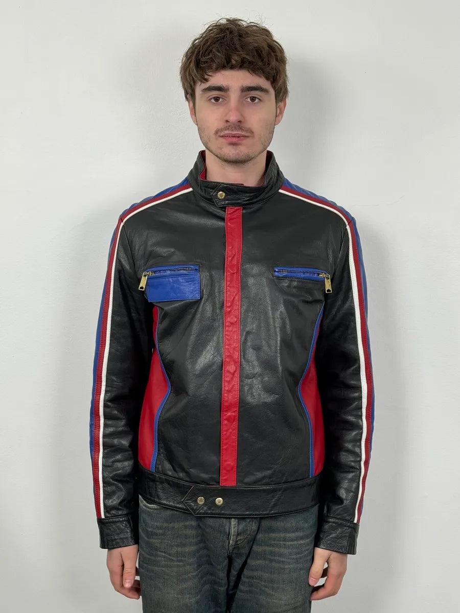 2000s Dolce & Gabbana Blue & Black Racing Biker Leather Jacket MmMNGFs 1