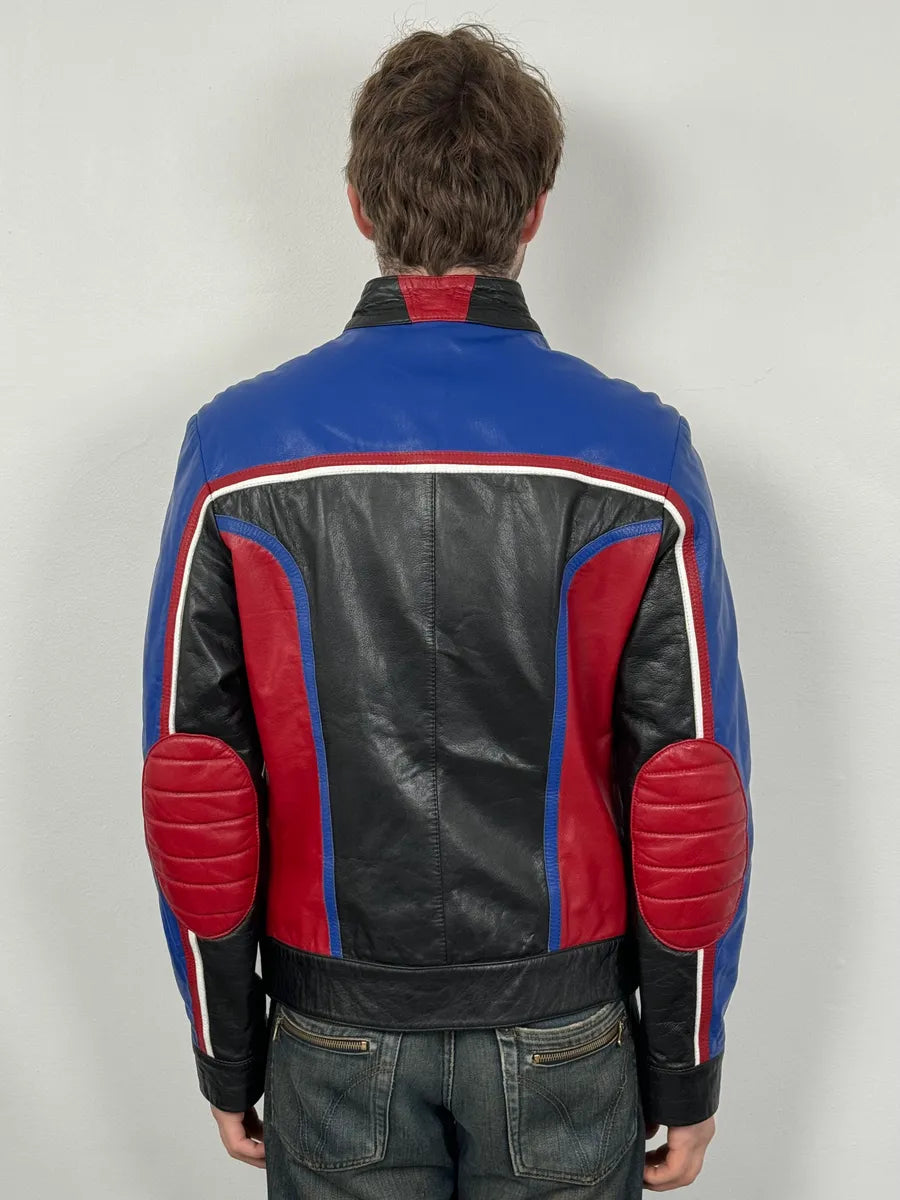 2000s Dolce & Gabbana Blue & Black Racing Biker Leather Jacket MmMNGFs 2