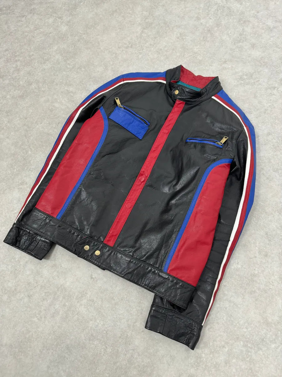 2000s Dolce & Gabbana Blue & Black Racing Biker Leather Jacket MmMNGFs 5