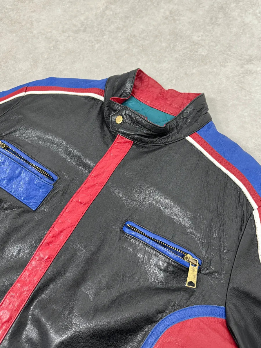 2000s Dolce & Gabbana Blue & Black Racing Biker Leather Jacket MmMNGFs 6