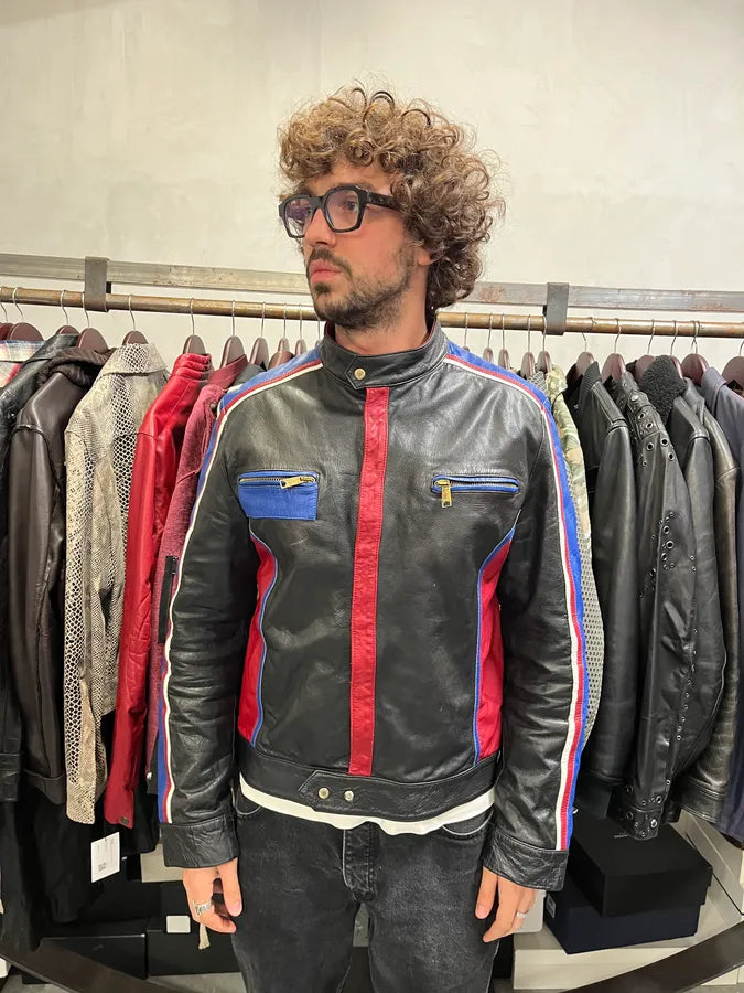 2000s Dolce & Gabbana Blue & Black Racing Biker Leather Jacket tKoGFiJ 1